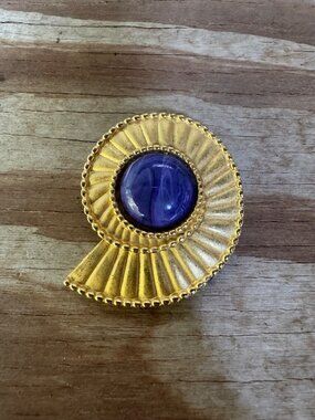 Vintage Gold Tone Spiral Brooch Blue Cabochon Abstract Swirl Shell Pin
